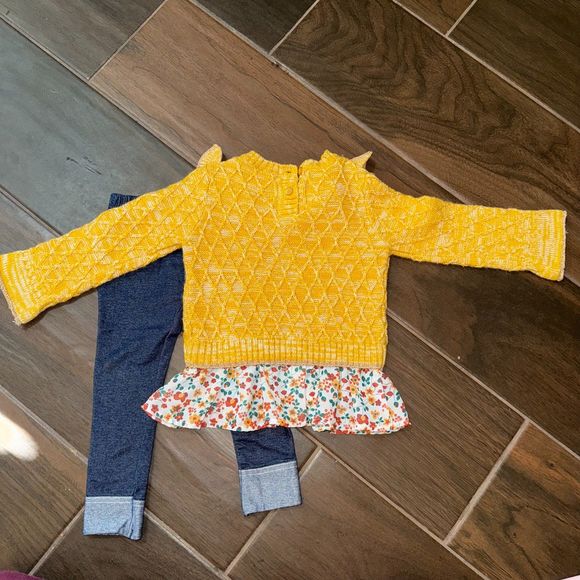 Little Lass Marigold Yellow Ruffle Neck Floral Peplum Sweater Jean Set 2T - Picture 2 of 8